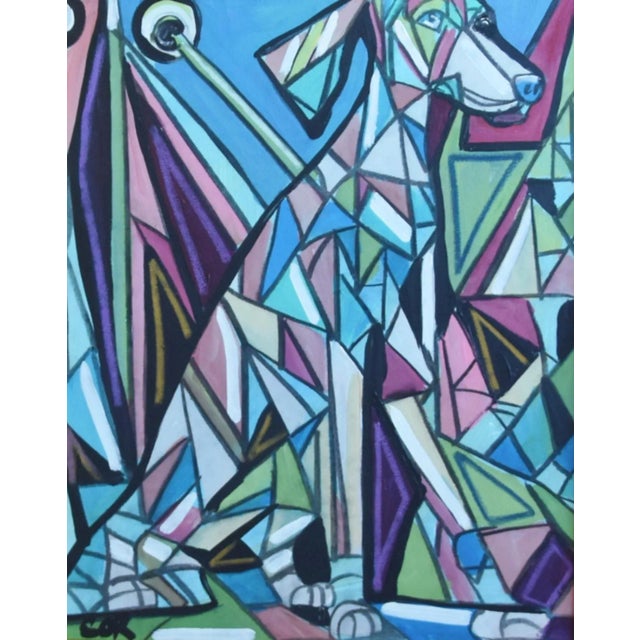 Contemporary, modern cubism original one-of-a-kind oil painting of a dog pet on stretched artist's canvas. The artwork is...