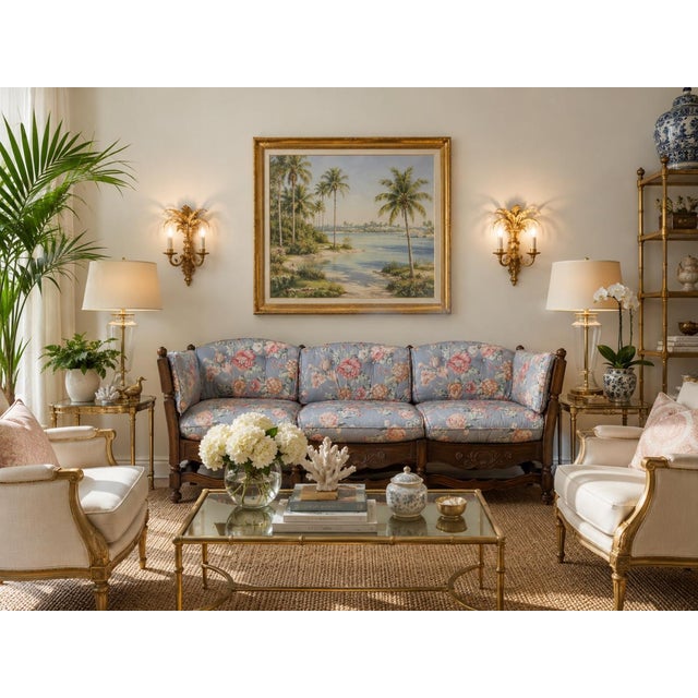 Charming 1970s French Provincial-style sofa featuring a substantial carved oak frame with a classic ladder-back design,...
