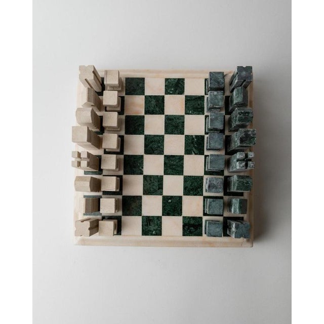 Vintage Marble Chess Set in Green and Beige Stone Chess, 1970s, Set of 33 For Sale - Image 3 of 17
