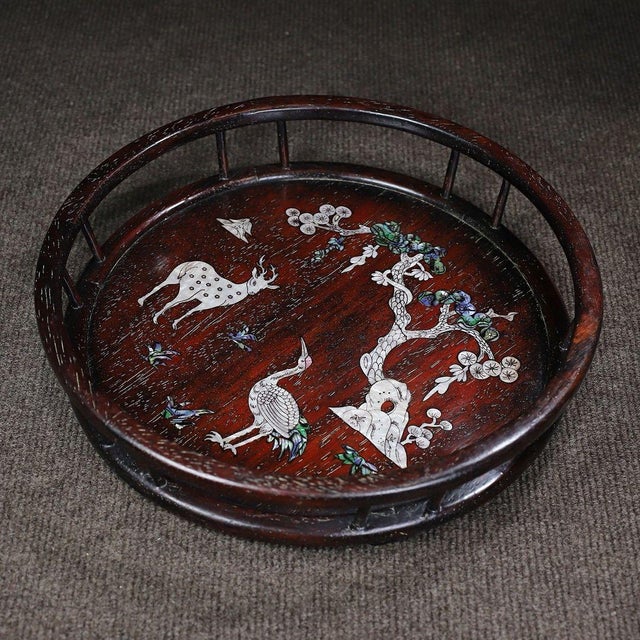 Late 20th Century Zitan Wood Round Tray Inlaid With Mother-of-Pearl For Sale - Image 5 of 10