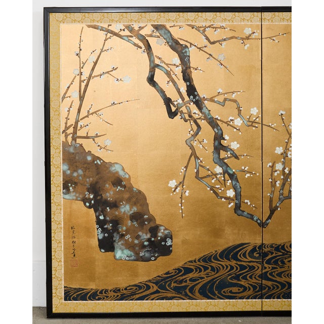 Pair of Red and White Plum Blossom Screens After Ogata Korin For Sale - Image 4 of 12