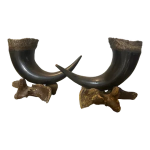 Pair of Mid 20th Century Rustic Taxidermy Hunting Horn Trophy Chalice Vases