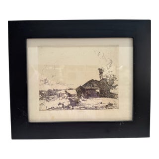 1920s Signed Original Etching Rural Farm Barn Cattle Landscape Framed For Sale