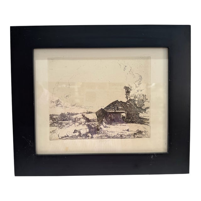 1920s Signed Original Etching Rural Farm Barn Cattle Landscape Framed For Sale