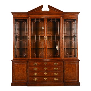 Henredon Georgian Carved Mahogany Breakfront Bookcase Cabinet For Sale