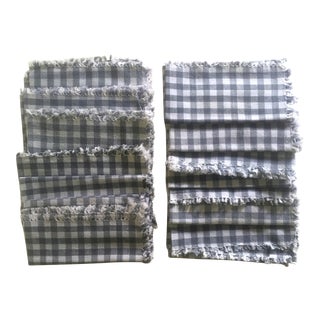 Vintage French Grey & White Check Cotton Fringed Edge Square Table Napkins - 12 Piece Set For Sale