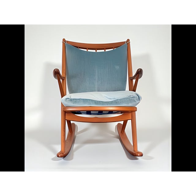 Teak Rocking Chair with Mohair Velvet Cover in Ice Blue by Frank Reenskaug for Bramin, Denmark, 1960s For Sale - Image 6 of 17