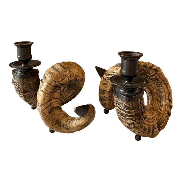 Pair of Large Faux Ram's Horn Candle Holders For Sale