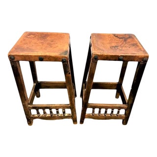Cognac Saddle Leather Artes De México Internacionales Rustic Bar Stools - Vintage Mid 20th Century For Sale