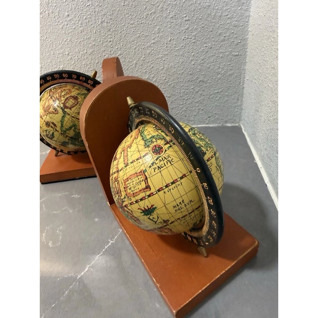 Mid-Century Modern Vintage MCM Wood Rotating Globe Old World Map Bookends For Sale - Image 3 of 7