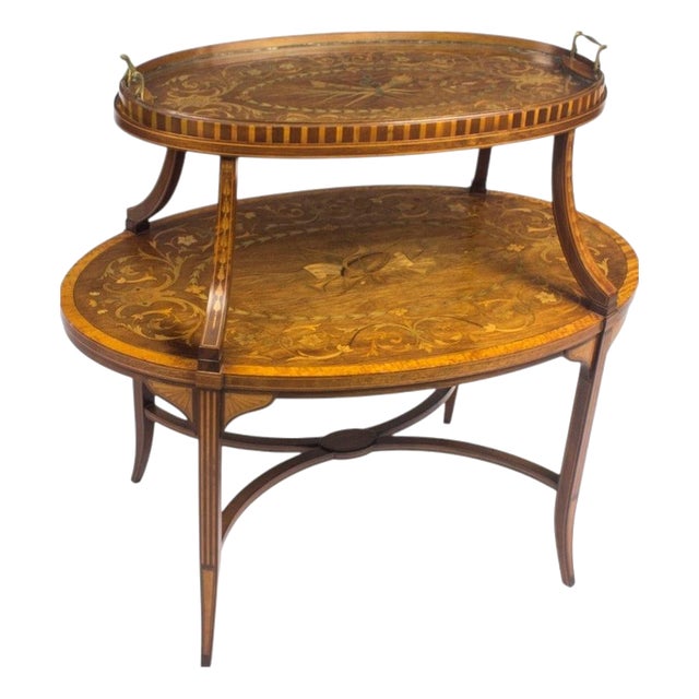 Antique English Etagere Tray Table in Mahogany and Satin Wood, 1890s For Sale