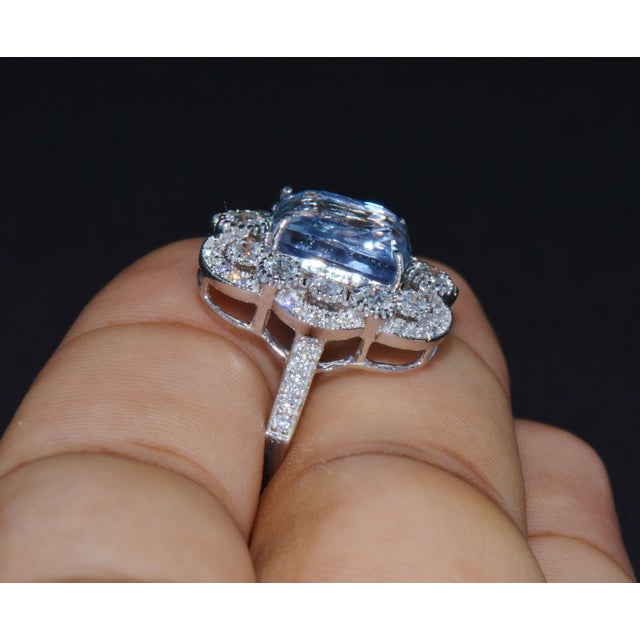 GIA Natural 9.66CTS VS F Diamond No Heat Blue Sapphire 750 18K Gold Cocktail Ring, size 6.5 For Sale - Image 4 of 11