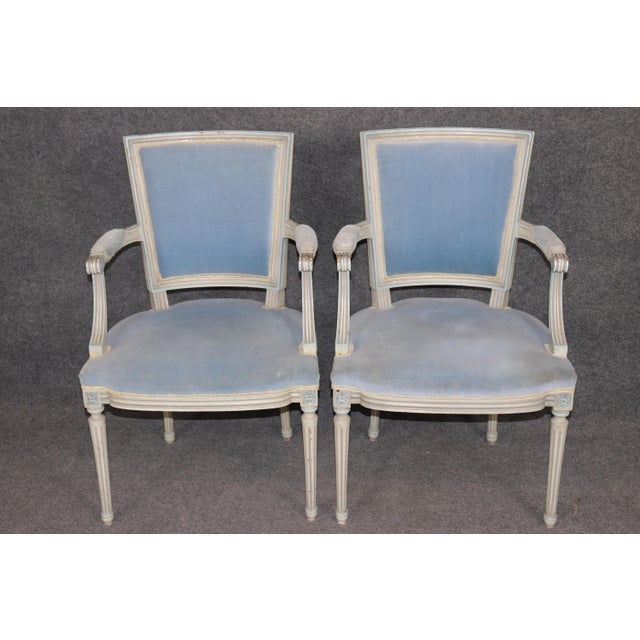 Pair of French Louis XVI Style Creme & Blue Paint Decorated Armchairs C. 1930's For Sale - Image 4 of 15