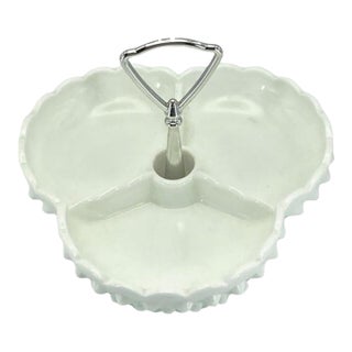 Vintage Fenton Milk Glass Hobnail Tricorn Divided Dish (3-Part) With Metal Handle 7-Inch For Sale