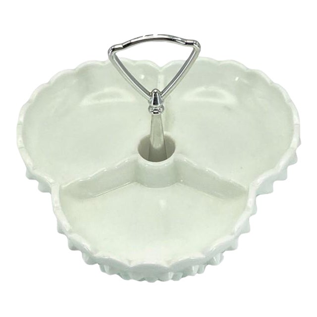 Vintage Fenton Milk Glass Hobnail Tricorn Divided Dish (3-Part) With Metal Handle 7-Inch For Sale