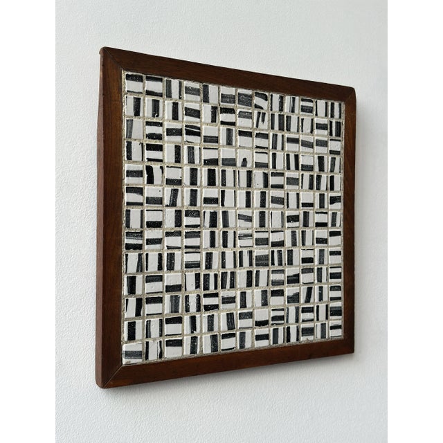 Vintage Black + White Glazed Ceramic Tile Artwork in Teak Frame, Circa 1950s For Sale In New York - Image 6 of 14