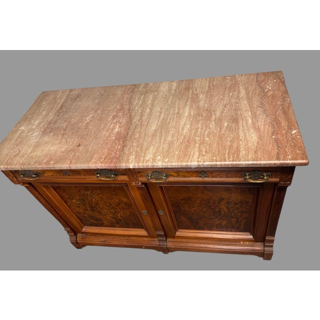 Antique Victorian Marble Top Walnut Burl Sideboard Buffet Cabinet Credenza For Sale - Image 6 of 12