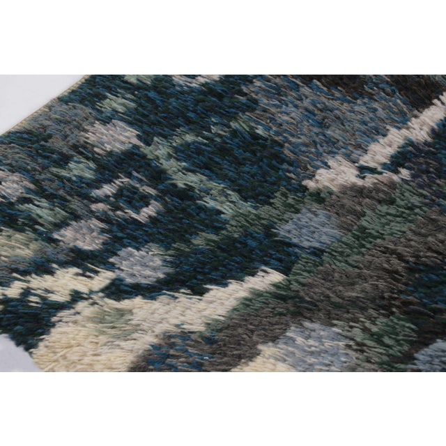 Mid-Century Modern Vintage Swedish Rya Rug With Teal and Cream Abstract Pattern - Rug & Kilim For Sale - Image 3 of 9