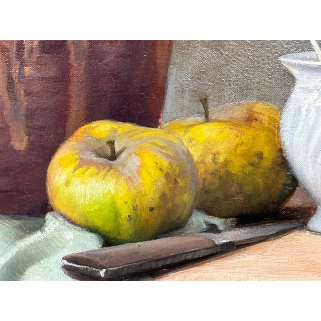Still Life with Fruit & Bread Rustic French Farmhouse Interior by French Artist 1992 Circa For Sale - Image 11 of 18
