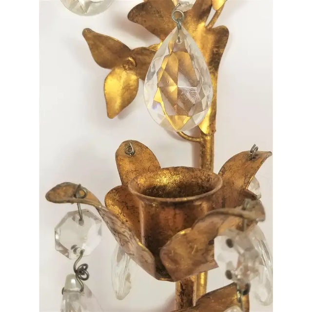 Metal 1950s Italian Gilt and Crystal Sconces / Candleholders Made in Italy For Sale - Image 7 of 13