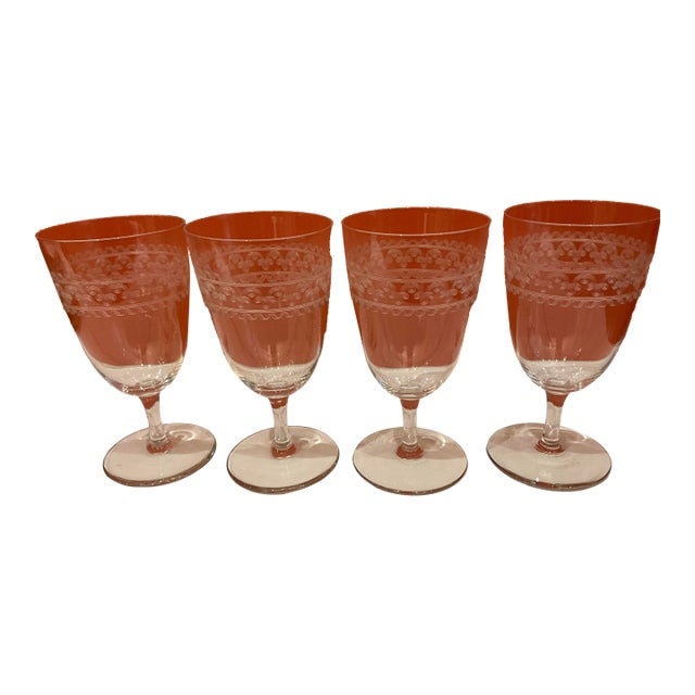 Vintage 1920 Etched 8-Ounce Clear Glass Crystal Stemware- Set of 4 For Sale