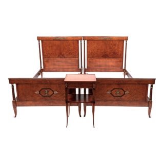 Pair of Italian Louis XVI–Directoire Style Figured Birch Twin Beds With Nightstand, C. 1950 For Sale
