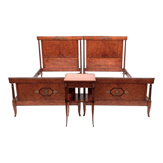Pair of Italian Louis XVI–Directoire Style Figured Birch Twin Beds With Nightstand, C. 1950 For Sale