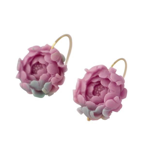Agate Peony Large Earrings 14k Gold Hook, A Pair For Sale - Image 4 of 9