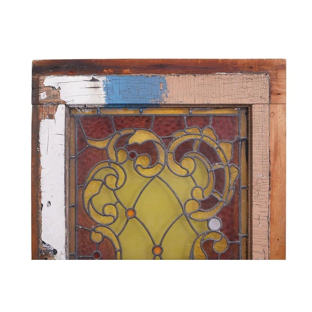 This is a very old English Leaded Glass Windowpane in Original Chippy Frame, 70"h x 24 1/2"w x 2"d Glass is fine.