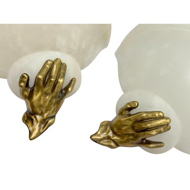 1970s Art Deco Alabaster Wall Lights with Bronze Hands, 1970s, Set of 2 For Sale - Image 5 of 10