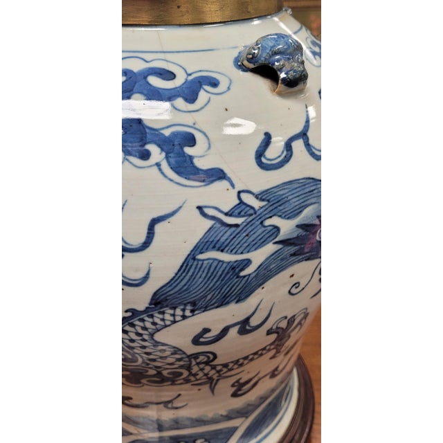 English 19th Century Blue & White Chinese Dragon Vase Lamp For Sale - Image 3 of 11