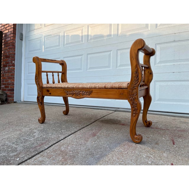 Rustic Farmhouse Carved Maple Bench With Woven Rush Seat For Sale - Image 4 of 12