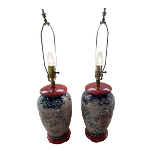 Vintage Set of 2 Chinoiserie Table Lamps - Ginger Jar Lamps - Floral Porcelain Ceramic