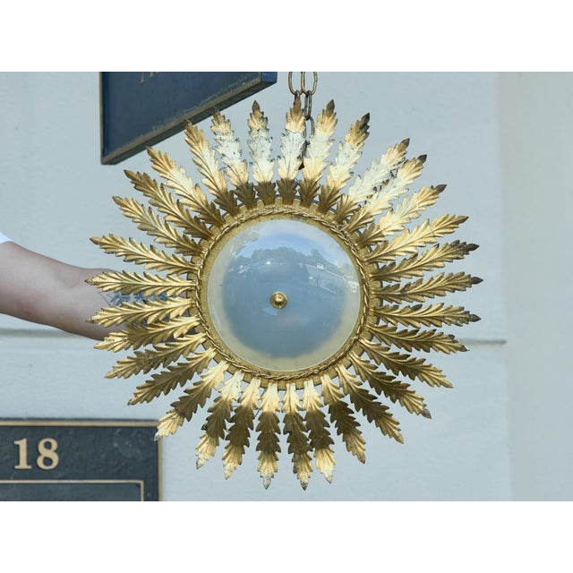 Mid 20th century Spanish Gilt Metal Semi-Flush Sunburst Light Fixture with Star Motifs For Sale In Atlanta - Image 6 of 12