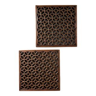 Pair of Antique Chinese Square Panels in a Honeycomb Pattern For Sale