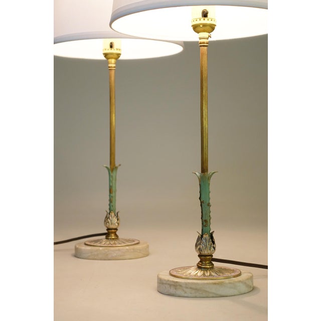 Art Deco 1930s Matched Pair Art Deco French Empire Ornate Brass Travertine Marble Candlestick Table Lamps For Sale - Image 3 of 10