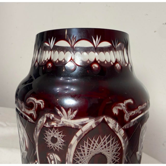 Vintage Handmade Red Cranberry Czech Cut to Clear Crystal Glass Ornate Vase For Sale - Image 9 of 9