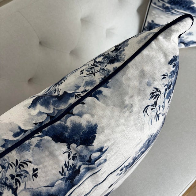 2020s Large Blue & White Chinoiserie Asian Pagoda Garden Accent Pillows (Set of 2) For Sale - Image 5 of 5