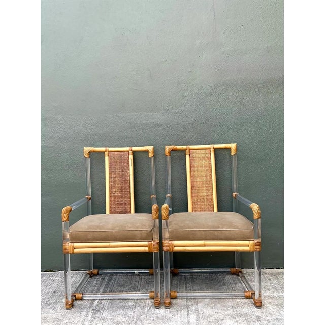 Vintage Four Seasons Lucite and Rattan Armchairs - Pair For Sale - Image 11 of 12