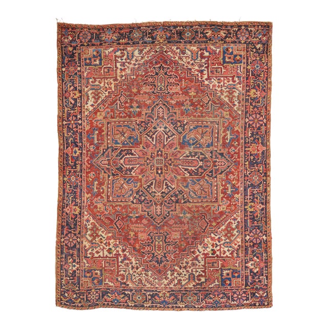 Heriz 1920s Antique Persian Rug W/ Large Geometric Medallion - 11'3" X 8'4" For Sale
