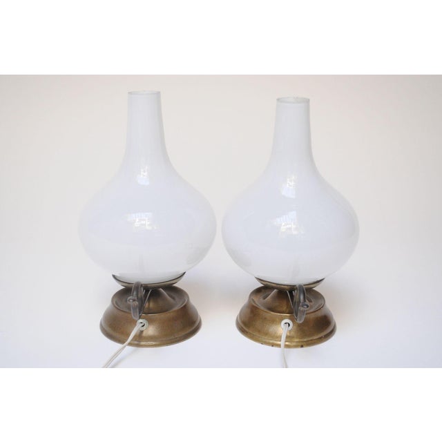Pair of Petite Vintage Italian Chamberstick Glass and Brass Bedside Lamps For Sale - Image 4 of 12