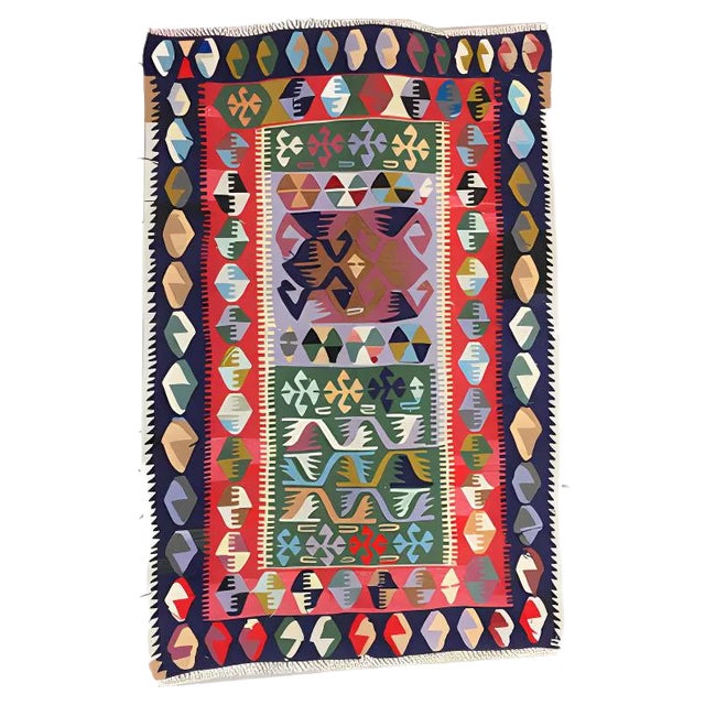 Small Vintage Turkish Black, Red, Blue, and Green Wool Tribal Kilim Rug, 1950s For Sale