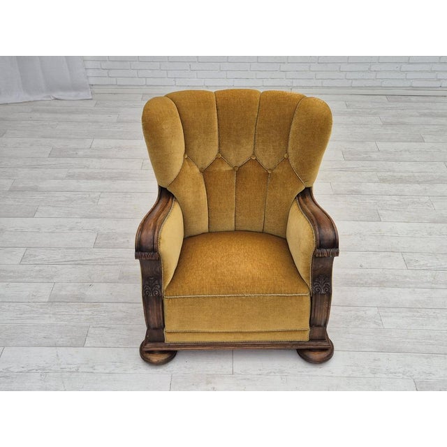 Danish Armchair in Oak and Yellow Furniture Velour, 1960s For Sale - Image 6 of 18