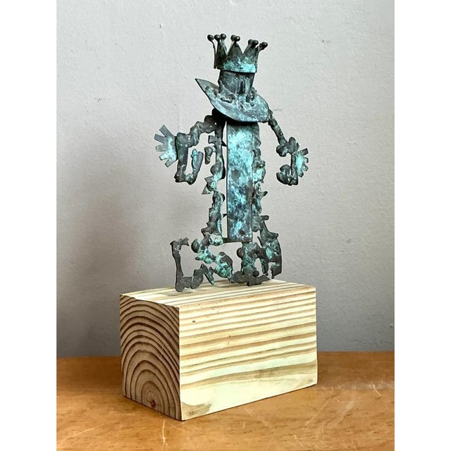 Mid-Century Modern Vintage Patinated Metal Sculpture on Wood Base For Sale - Image 3 of 12