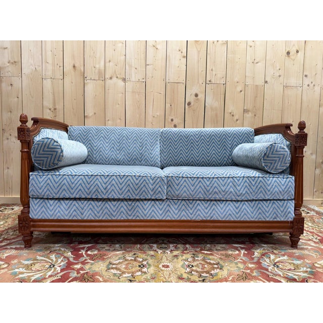 Louis XVI Style Sofa Bed in Mahogany-Stained Beechwood and Blue Velvet, 1980s For Sale - Image 9 of 9