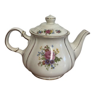 Vintage Floral Porcelain Teapot Pink Roses Gold Trim Lidded Cottagecore Tea Pot For Sale