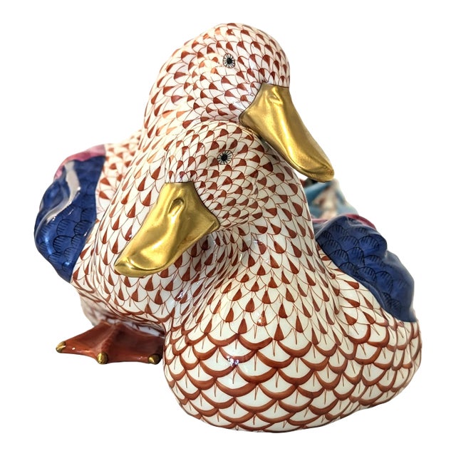 Pair of Herend Porcelain Ducks With Signature Fishnet Pattern For Sale