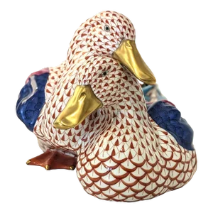 Pair of Herend Porcelain Ducks With Signature Fishnet Pattern