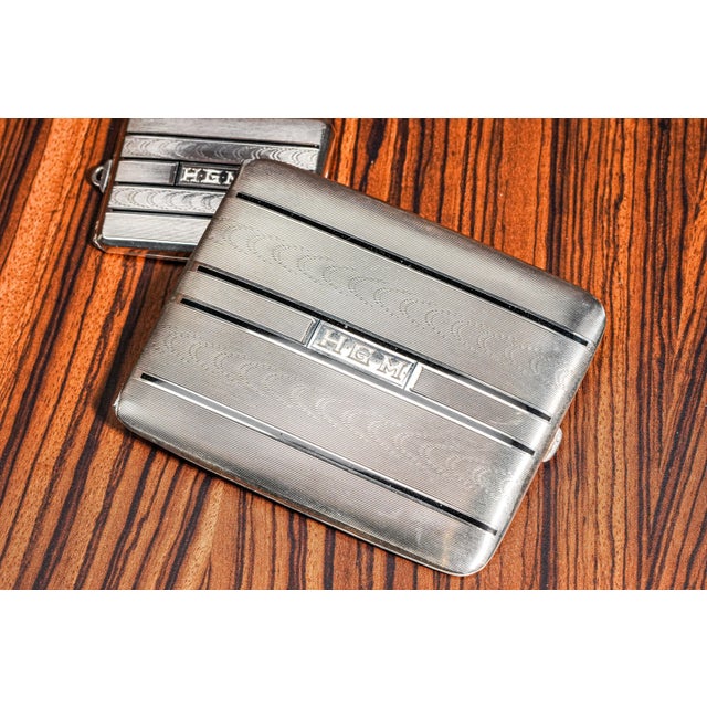 Fantastic Art Deco Engine Turned Sterling Silver Enamel Antique Cigarette Case and Vesta Tobacciana For Sale - Image 4 of 15