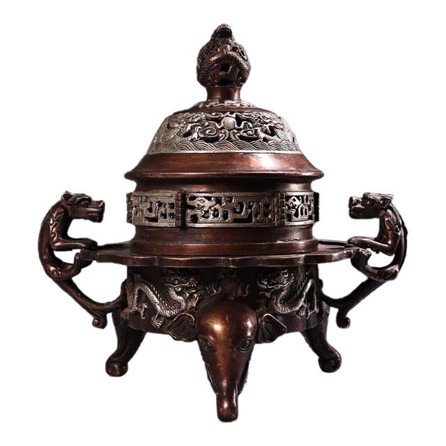 Copper & Silver Dragon Incense Burner, Coiled-Dragon Censer With Elephant Feet For Sale